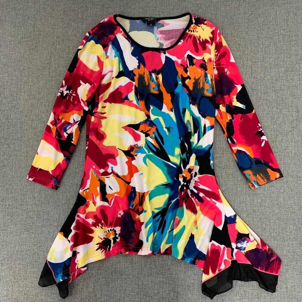 Investments Shark Bite Floral Top Petite Small Multicolor Round Neck Long sleeve
